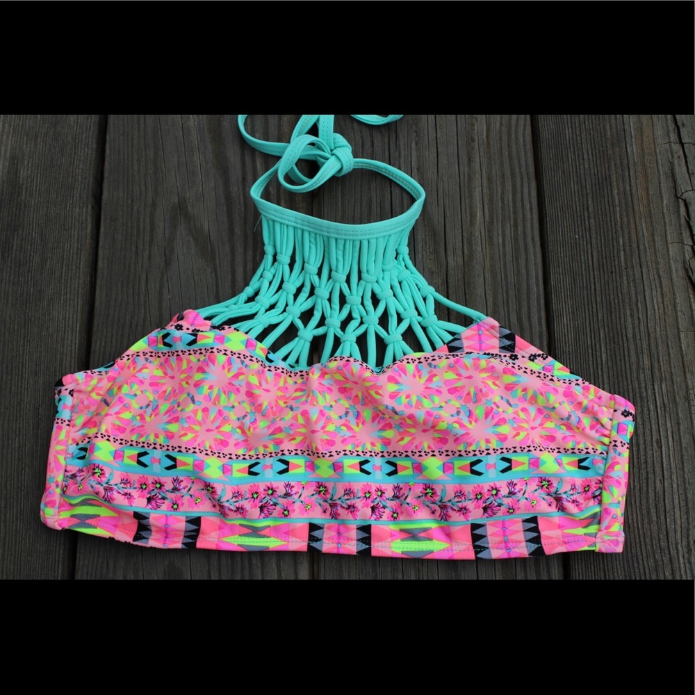 Juniors High Neck Pink & Teal Bikini Top Swimsuit
